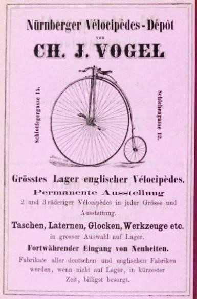 Webeanzeige des „Nürnberger Vélocipèdes-Depot“ von Ch. J. Vogel, 1884