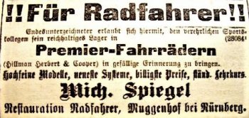 Werbeanzeige von Michael Spiegel für Premier-Fahrräder (1893)