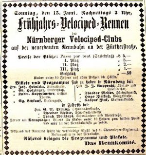 Anzeige zur den Eröffnungsrennen auf der 1. Nürnberger Radrennbahn (1884)