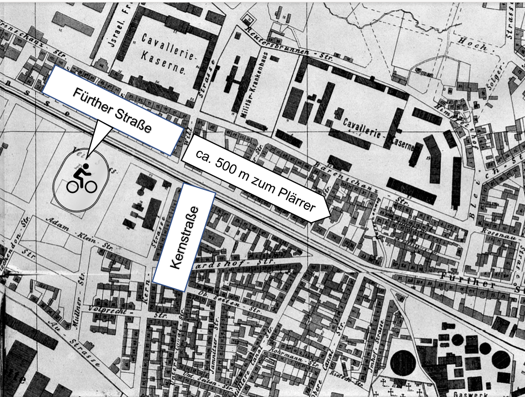 Lage der 1. Nürnberger Radrennbahn an der Fürther Straße